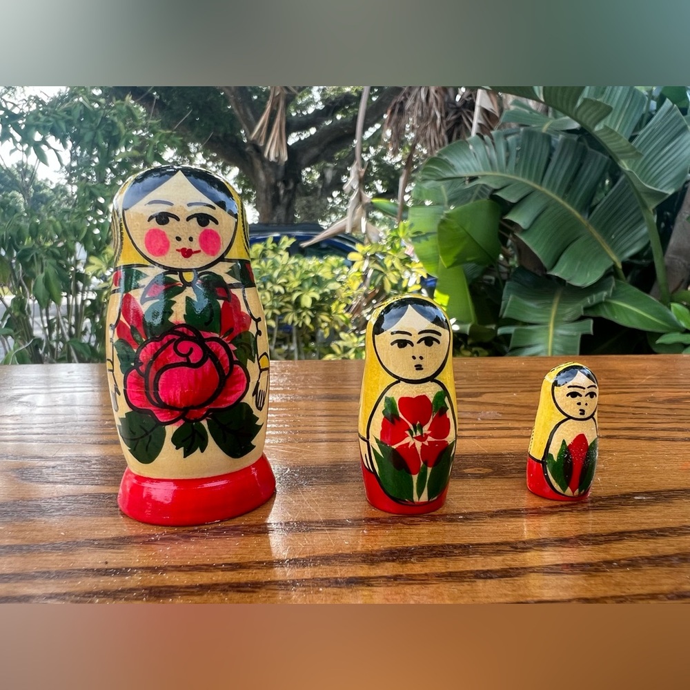 Set of 3 Hand-Painted Russian Nesting Dolls - Red and Yellow